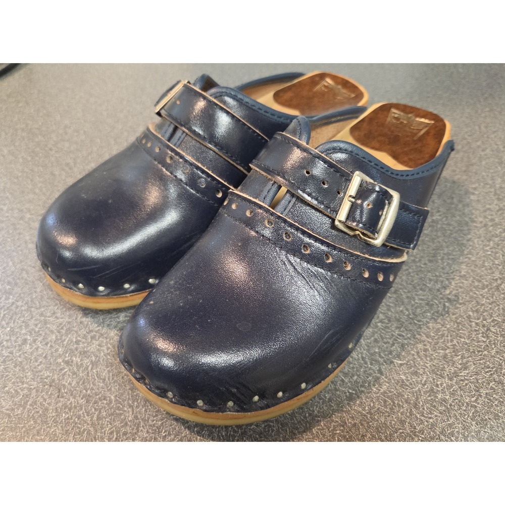BASTAD TOFFELN Swedish Clogs Navy Blue Leather Wood Buckle Mules EU 36 US 6